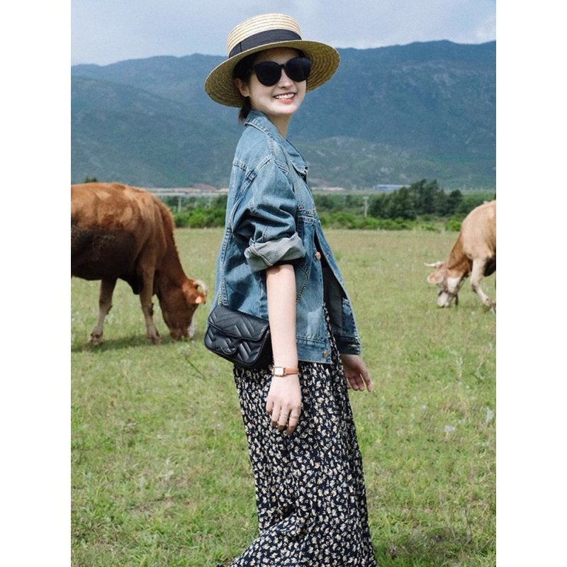 Jachetă scurtă de denim pentru femei, Chanel stil, croială Slim, lungime scurtă, guler polo, 3183