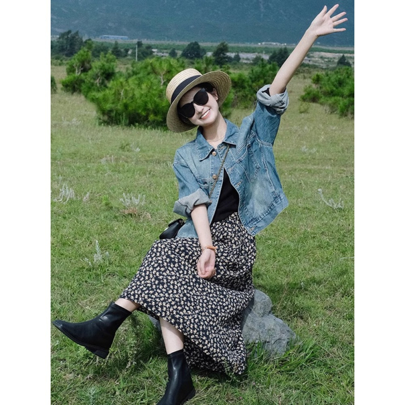 Jachetă scurtă de denim pentru femei, Chanel stil, croială Slim, lungime scurtă, guler polo, 3183