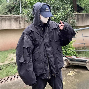 Geacă de zbor pentru bărbați, stil hip-hop, croială cardigan, umplutură din mătase-pamuc, cu glugă, grosime mare, Iarna 2024