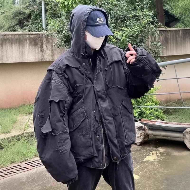 Geacă de zbor pentru bărbați, stil hip-hop, croială cardigan, umplutură din mătase-pamuc, cu glugă, grosime mare, Iarna 2024