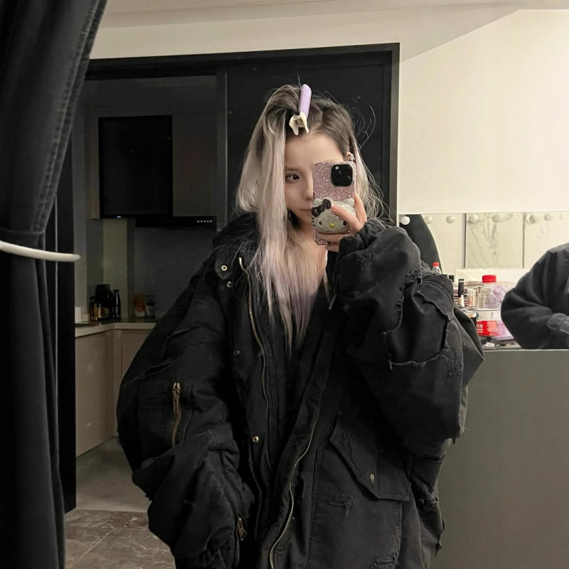 Geacă de zbor pentru bărbați, stil hip-hop, croială cardigan, umplutură din mătase-pamuc, cu glugă, grosime mare, Iarna 2024