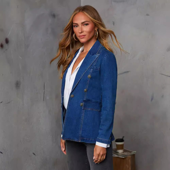 Sacou damă din denim - croială Slim, mâneci lungi, guler sacou, amestec denim din bumbac-poliester, toamna 2024