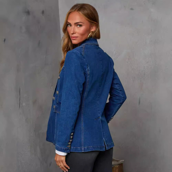 Sacou damă din denim - croială Slim, mâneci lungi, guler sacou, amestec denim din bumbac-poliester, toamna 2024