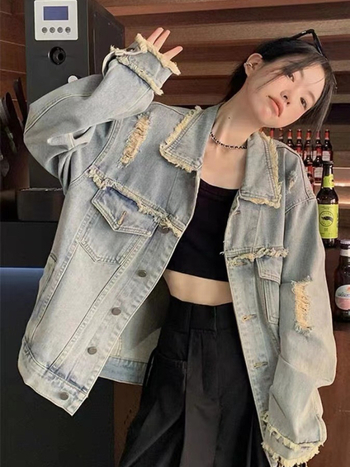 Geacă damă în stil denim, amestec bumbac-poliester periat, guler Polo, mâneci lungi, toamnă 2023