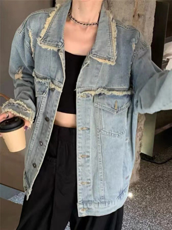 Geacă damă în stil denim, amestec bumbac-poliester periat, guler Polo, mâneci lungi, toamnă 2023