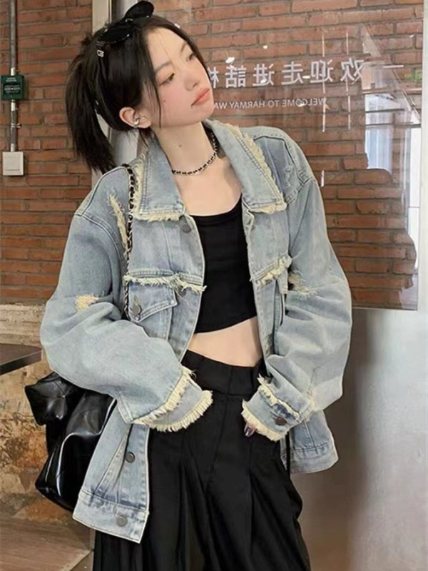 Geacă damă în stil denim, amestec bumbac-poliester periat, guler Polo, mâneci lungi, toamnă 2023