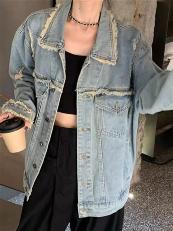 Geacă damă în stil denim, amestec bumbac-poliester periat, guler Polo, mâneci lungi, toamnă 2023