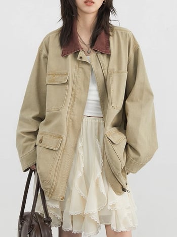 Ženska traper jakna, laganog kroja, dugi rukavi, kontrastni ovratnik, casual gradski stil, srednja duljina