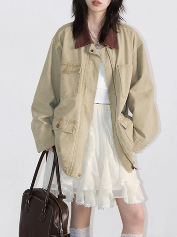 Ženska traper jakna, laganog kroja, dugi rukavi, kontrastni ovratnik, casual gradski stil, srednja duljina