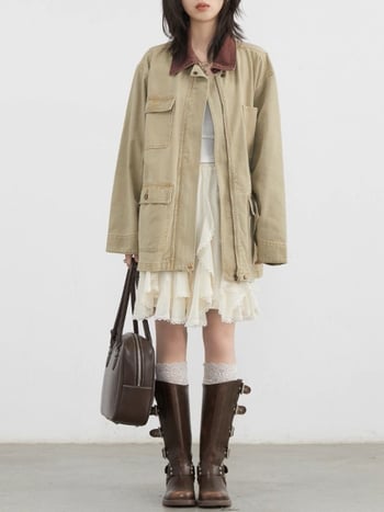Ženska traper jakna, laganog kroja, dugi rukavi, kontrastni ovratnik, casual gradski stil, srednja duljina