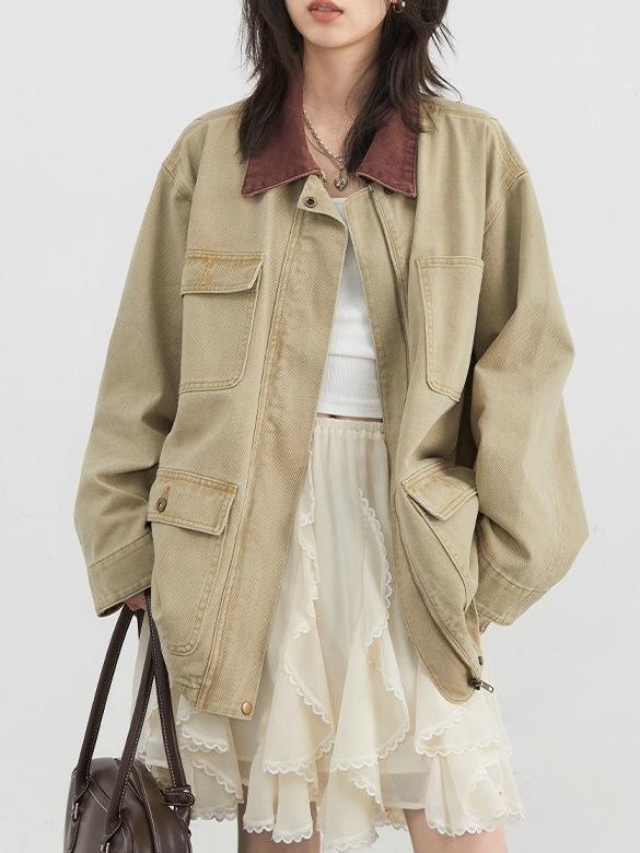 Ženska traper jakna, laganog kroja, dugi rukavi, kontrastni ovratnik, casual gradski stil, srednja duljina