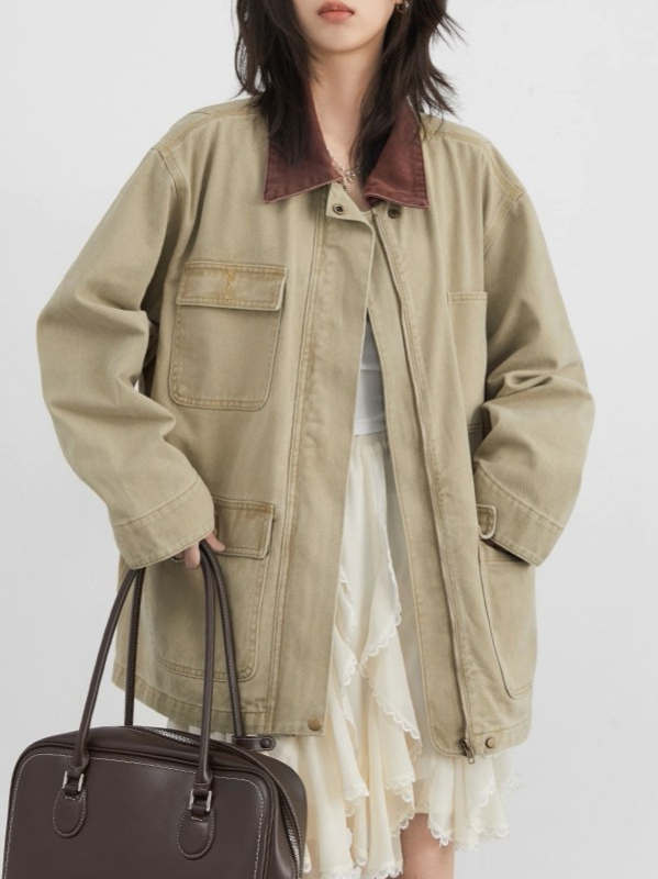 Ženska traper jakna, laganog kroja, dugi rukavi, kontrastni ovratnik, casual gradski stil, srednja duljina