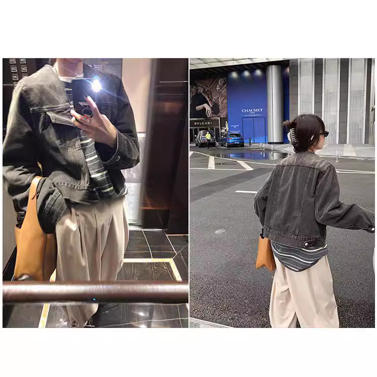 MONA Ženski široki traper kaput, korejski stil, jesen 2024, retro casual