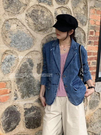Ženska traper jakna u korejskom stilu, retro casual, dugi rukavi, ovratnik od saka, denim tkanina 80–90% pamuka