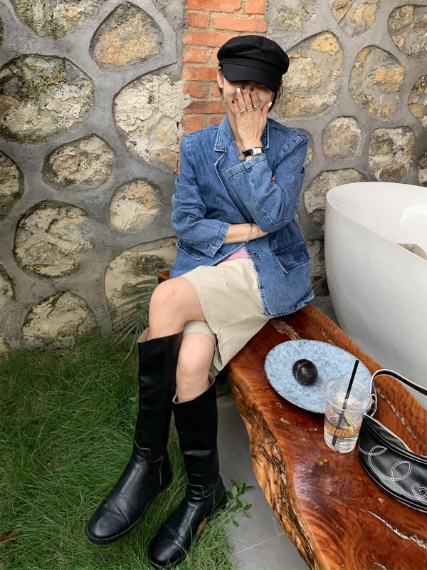 Ženska traper jakna u korejskom stilu, retro casual, dugi rukavi, ovratnik od saka, denim tkanina 80–90% pamuka