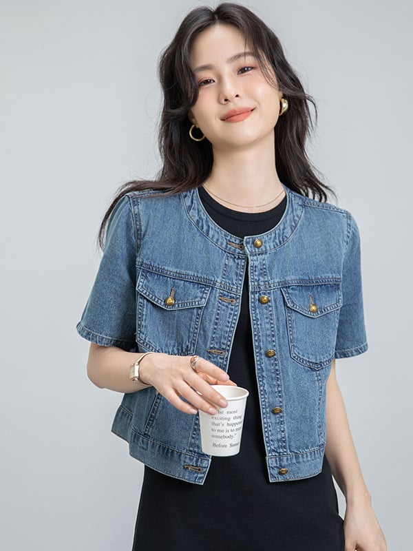 Ženska džins jakna s kratkim rukavima, korejskog stila uski retro casual, denim od pamuka i poliestera, okrugli ovratnik, kratka duljina 40–50 cm