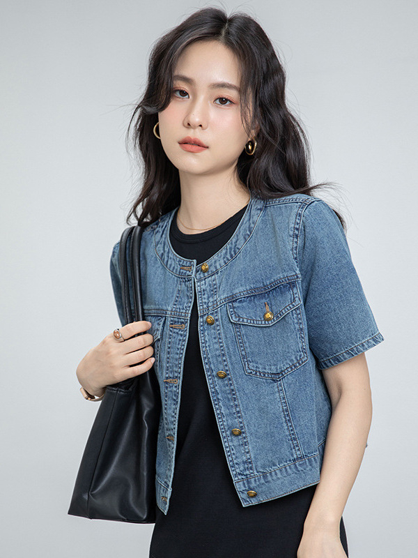 Ženska džins jakna s kratkim rukavima, korejskog stila uski retro casual, denim od pamuka i poliestera, okrugli ovratnik, kratka duljina 40–50 cm