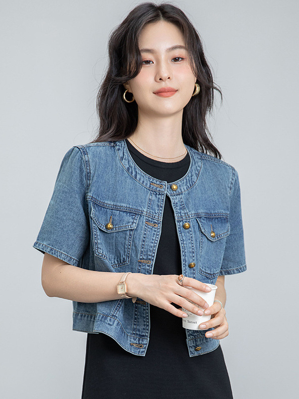 Ženska džins jakna s kratkim rukavima, korejskog stila uski retro casual, denim od pamuka i poliestera, okrugli ovratnik, kratka duljina 40–50 cm