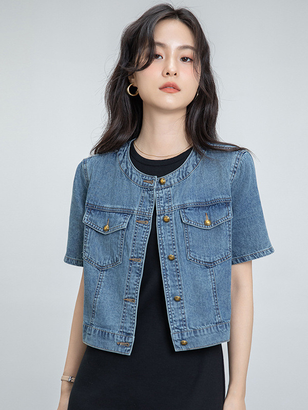 Ženska džins jakna s kratkim rukavima, korejskog stila uski retro casual, denim od pamuka i poliestera, okrugli ovratnik, kratka duljina 40–50 cm