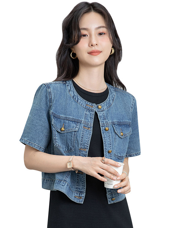 Ženska džins jakna s kratkim rukavima, korejskog stila uski retro casual, denim od pamuka i poliestera, okrugli ovratnik, kratka duljina 40–50 cm