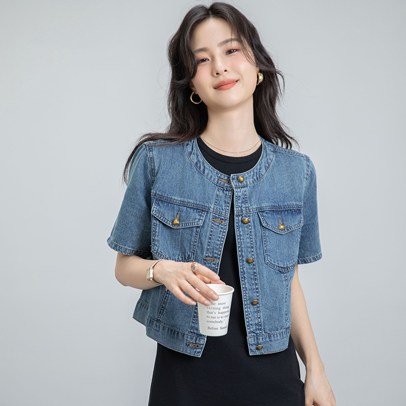 Ženska džins jakna s kratkim rukavima, korejskog stila uski retro casual, denim od pamuka i poliestera, okrugli ovratnik, kratka duljina 40–50 cm
