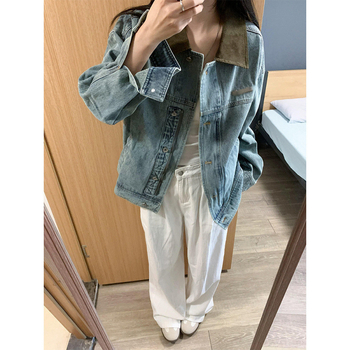 Geacă din denim pentru femei, croială lejeră, guler polo, mâneci lungi, elastan