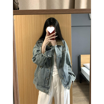 Geacă din denim pentru femei, croială lejeră, guler polo, mâneci lungi, elastan