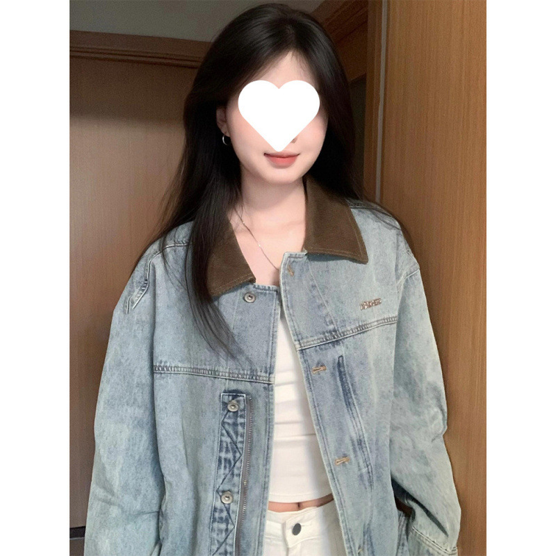 Geacă din denim pentru femei, croială lejeră, guler polo, mâneci lungi, elastan