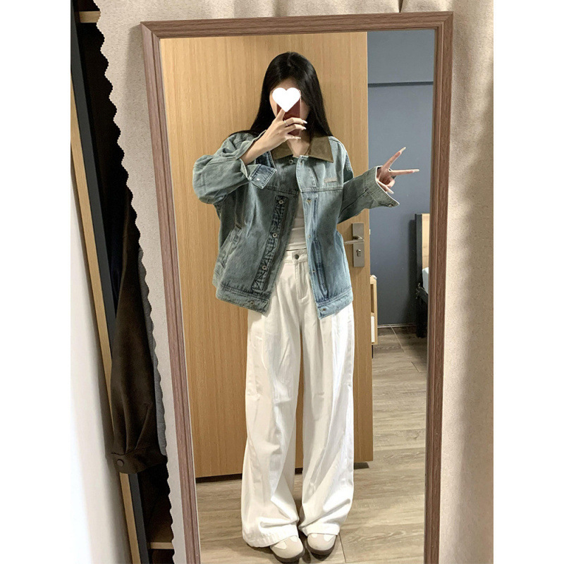 Geacă din denim pentru femei, croială lejeră, guler polo, mâneci lungi, elastan