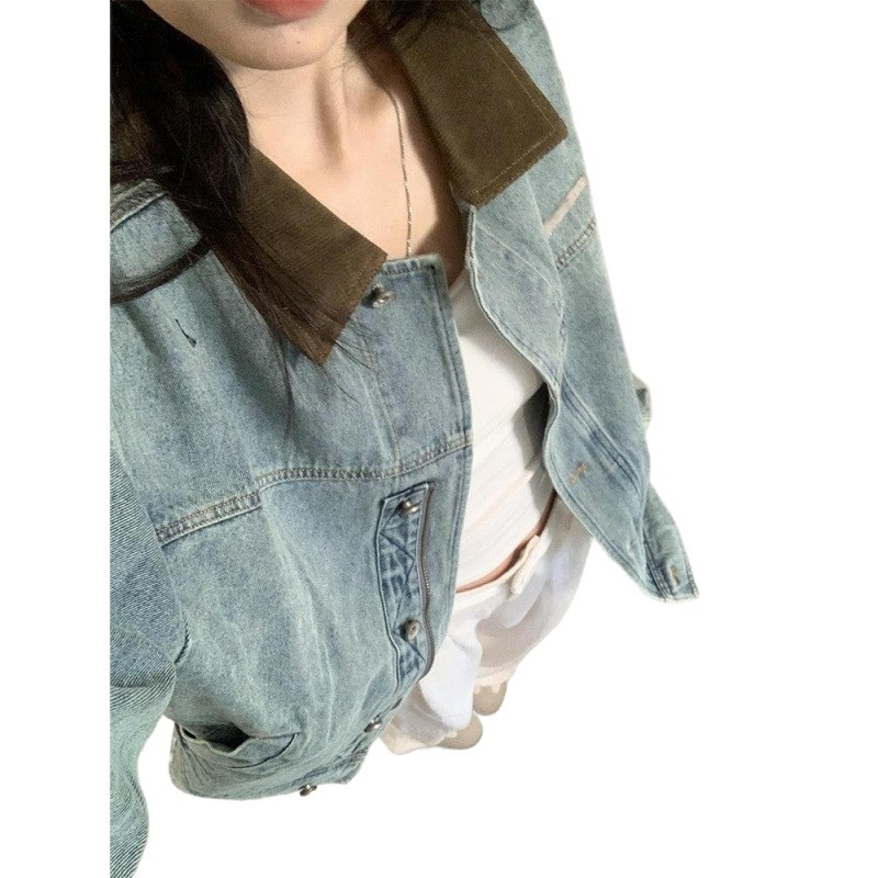 Geacă din denim pentru femei, croială lejeră, guler polo, mâneci lungi, elastan