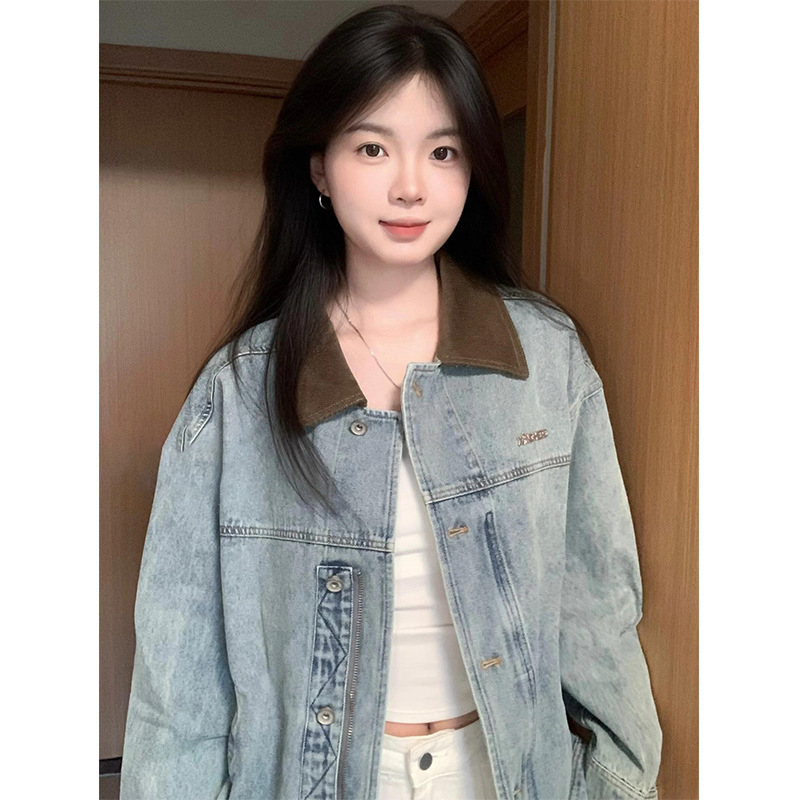 Geacă din denim pentru femei, croială lejeră, guler polo, mâneci lungi, elastan