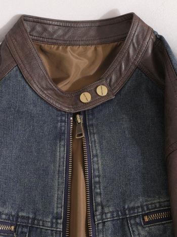 Jachetă damă în stil american retro, cu panouri denim și piele, fără mâneci, decolteu rotund, material rayon (<30%), primăvara 2025