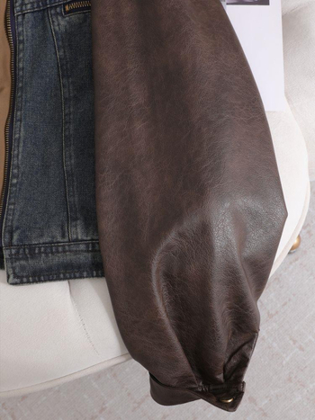 Jachetă damă în stil american retro, cu panouri denim și piele, fără mâneci, decolteu rotund, material rayon (<30%), primăvara 2025