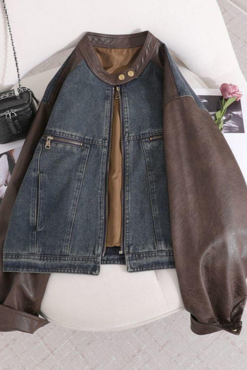 Jachetă damă în stil american retro, cu panouri denim și piele, fără mâneci, decolteu rotund, material rayon (<30%), primăvara 2025