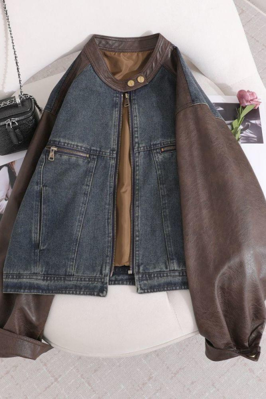 Jachetă damă în stil american retro, cu panouri denim și piele, fără mâneci, decolteu rotund, material rayon (<30%), primăvara 2025