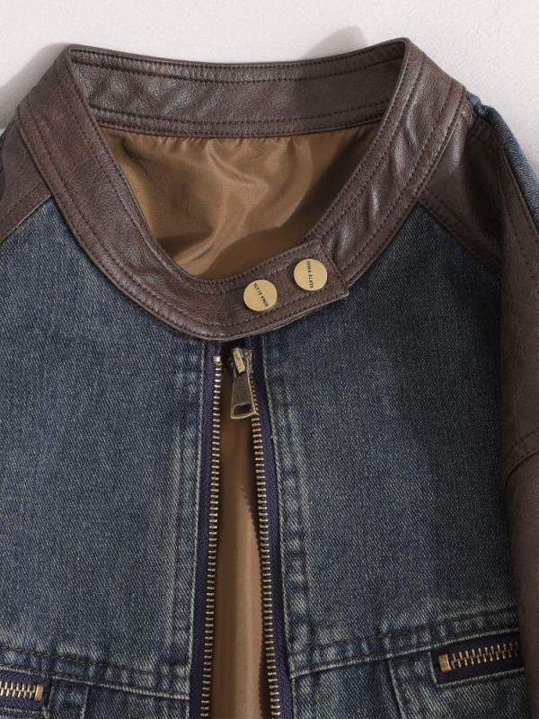 Jachetă damă în stil american retro, cu panouri denim și piele, fără mâneci, decolteu rotund, material rayon (<30%), primăvara 2025