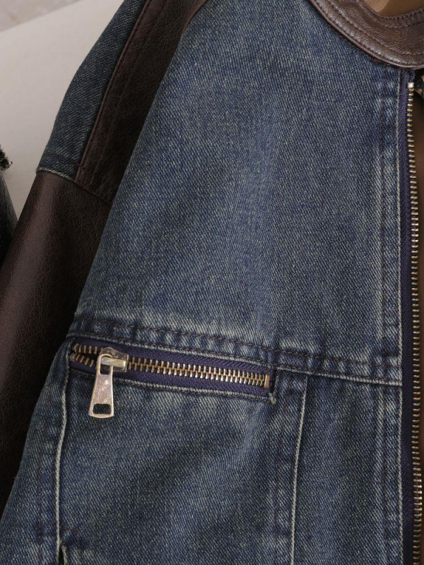 Jachetă damă în stil american retro, cu panouri denim și piele, fără mâneci, decolteu rotund, material rayon (<30%), primăvara 2025