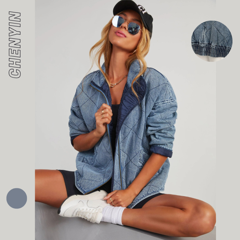 Ženska denims quilt jakna, raglan rukave, ovratnik tipa lapel, zatvarač, slobodan kroj, srednja duljina