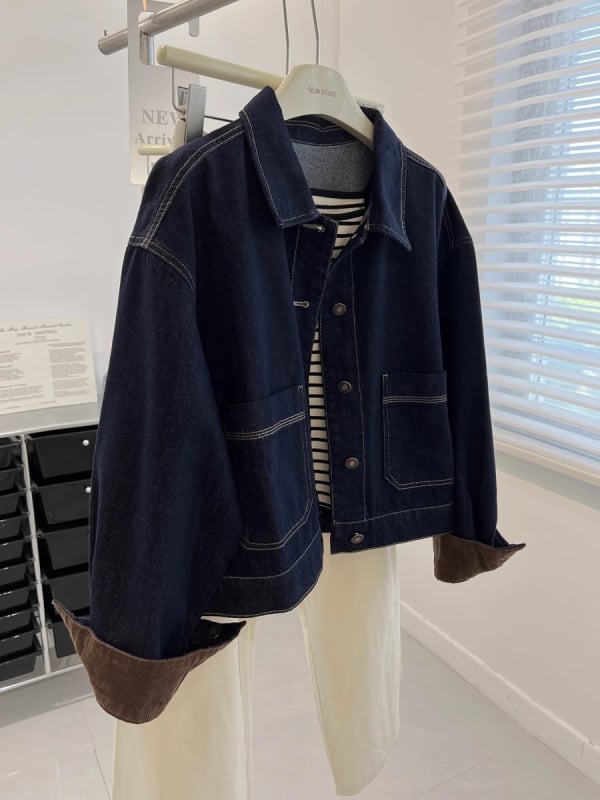 Jachetă de denim cu guler rever, mâneci lungi, croială liberă, stil urban, lansare toamnă 2025