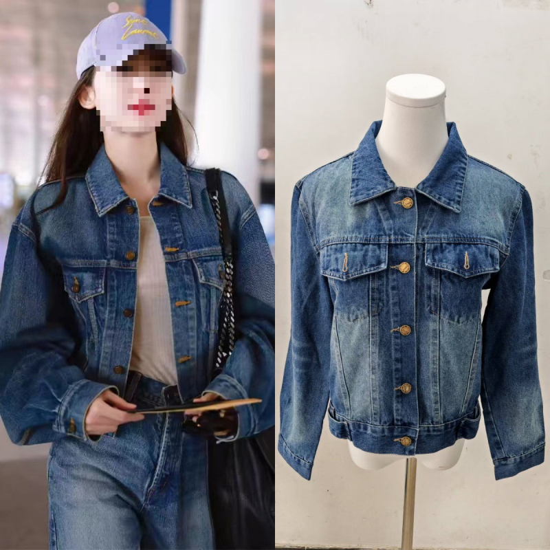 Geacă de damă din denim, denim din bumbac, croială lejeră, mâneci lungi, rever stil lapel