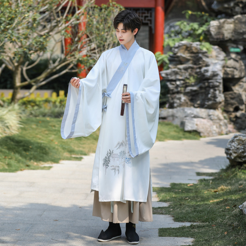 Hanfu duga haljina s širokim rukavima, jednobojna pamuk tkanina, 88% pamuka, unisex, zen inspiriran stil, anti-peglanje završna obrada