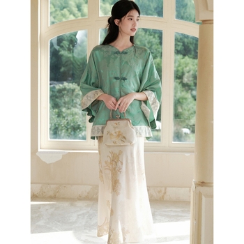 Hanfu dvodijelni set: top s jacquardom i suknja s ribljim repom, jesenji nacionalni stil 2024