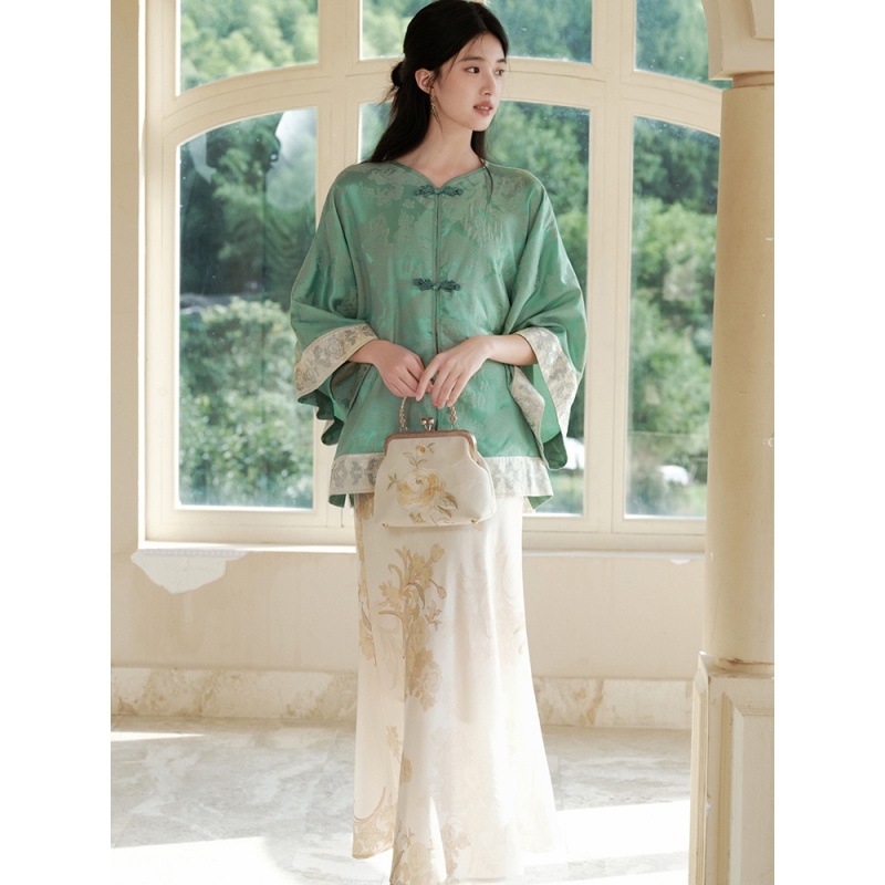 Hanfu dvodijelni set: top s jacquardom i suknja s ribljim repom, jesenji nacionalni stil 2024