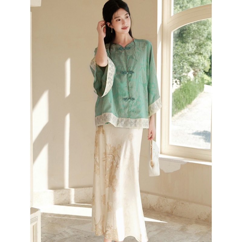 Hanfu dvodijelni set: top s jacquardom i suknja s ribljim repom, jesenji nacionalni stil 2024