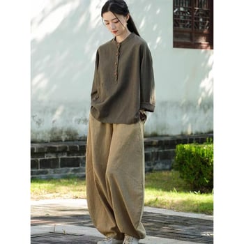Ženský Tai Chi kostým v čínskej Zen štýle, bavlno-linový materiál, 70-80% bavlna, zapínanie uzlami, jeseň 2025