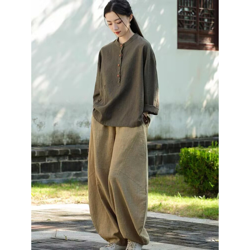Ženský Tai Chi kostým v čínskej Zen štýle, bavlno-linový materiál, 70-80% bavlna, zapínanie uzlami, jeseň 2025