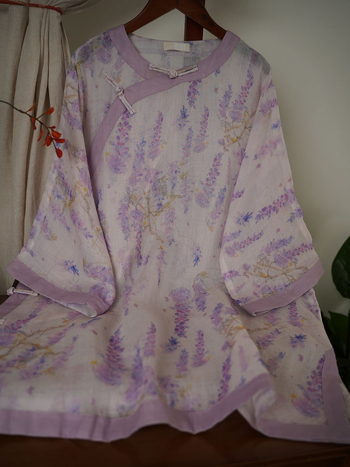 Ramie Zen haljina za čaj, kratka, jednostruka, ručno izrađene žablje kopče, potpuno bočno otvaranje