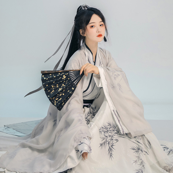 Hanfu pentru femei, stil Song cu guler încrucișat, fustă Ru până la talie, costum antic din dinastiile Wei și Jin, stil Zen de toamnă, țesătură din amestec de cânepă cu elastan și acetat, imprimare și vopsire