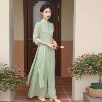 Haljina nadahnut Cheongsam stilom, Zen Hanfu tea elementi, rukav ¾, poliester mješavina 30-50%, proljeće 2023