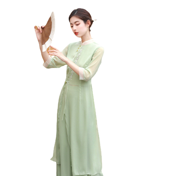 Haljina nadahnut Cheongsam stilom, Zen Hanfu tea elementi, rukav ¾, poliester mješavina 30-50%, proljeće 2023